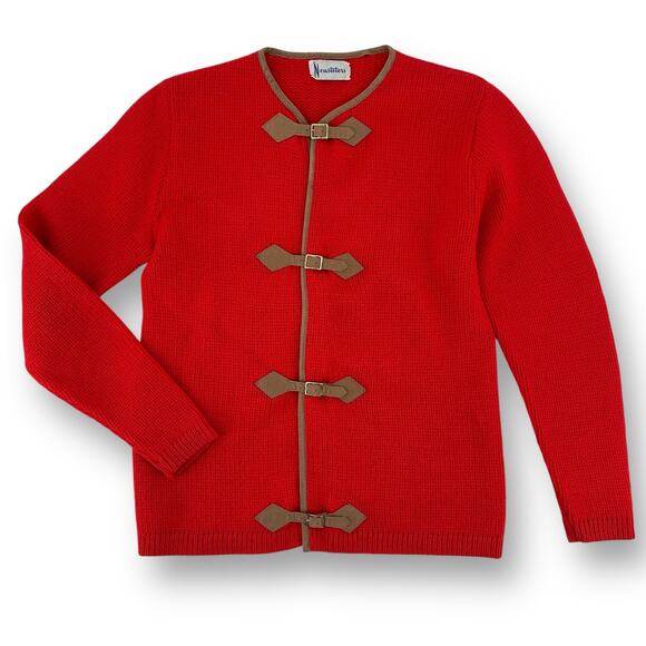 Vtg Neusteters Cardigan Sweater Sz Small Red Tan Faux Suede Buckle - Picture 1 of 6